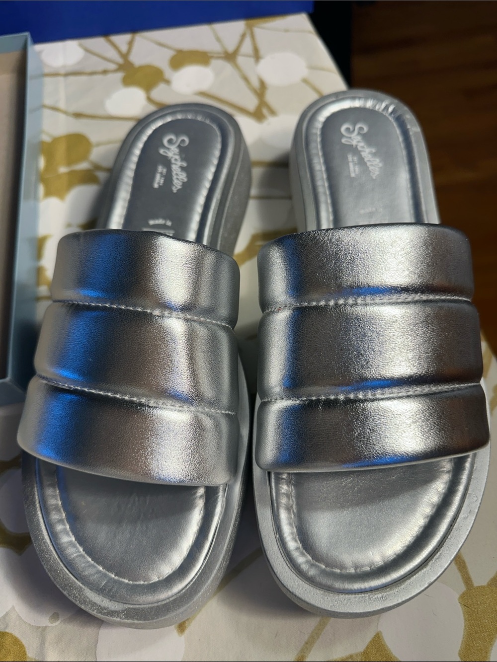 Seychelles Silver Metallic Leather Slide Sandals, NIB, 2" Platform, sz 10